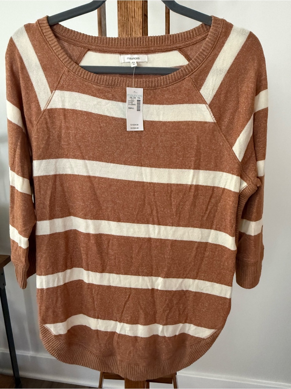 Maurices Rust and Cream Striped Scoop-Neck Sweater